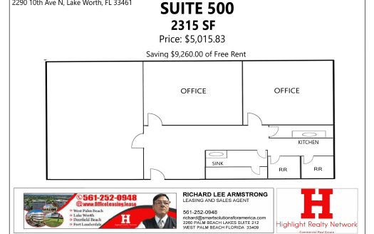 (LEASED) 2315 SF Suite 500 Professional Office Space at 10th Ave N, Lake Worth, FL 33461