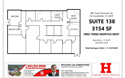 (LEASED) 3154 SF Suite 138 Professional and Medical Office Space in 1801 S Perimeter Rd, Fort Lauderdale, FL 33309