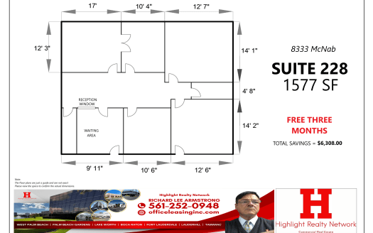 (LEASED) 1577 SF Suite 228 Professional and Medical Office Space at 8333 W McNab Rd., Tamarac, FL 33321