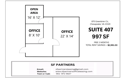 (LEASED) 997 SF Suite 407 Professional Office Space at 870 Greenbrier Cir, Chesapeake, VA 23320