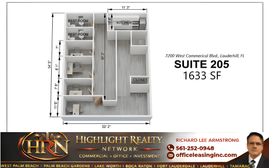 1633 SF Suite 205 Professional and Medical Office Space at 7200 West Commercial Blvd., Lauderhill, FL 33319